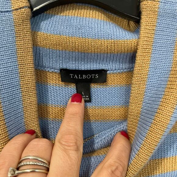 Talbots Metallic Stripe Turtleneck Sweater L Blue Tan Knit Winter Classic Preppy - Picture 7 of 9
